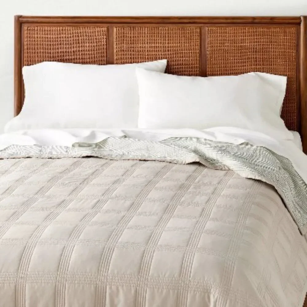 Hearth‎ & Hand with Magnolia Stitched Taupe Windowpane Quilt NwT queen/full